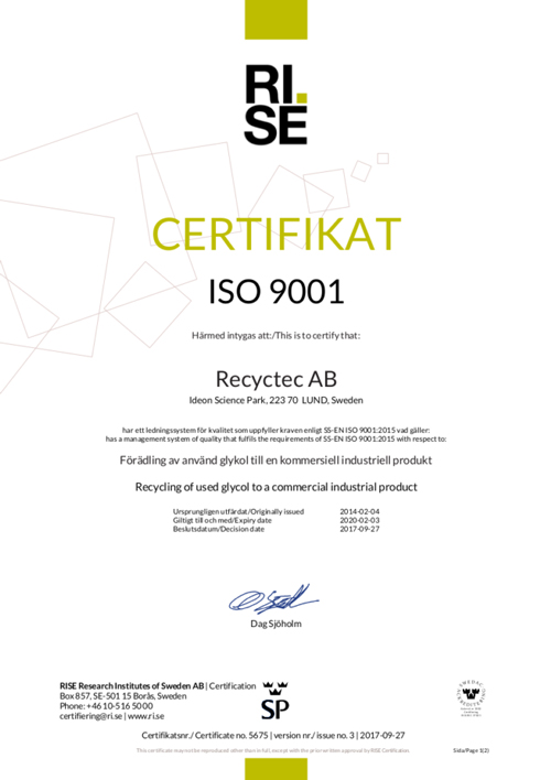 Recyctec ISO 9001 certifikat