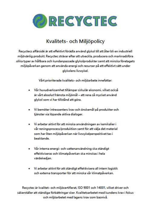 Recyctec Kvalitets- och miljöpolicy