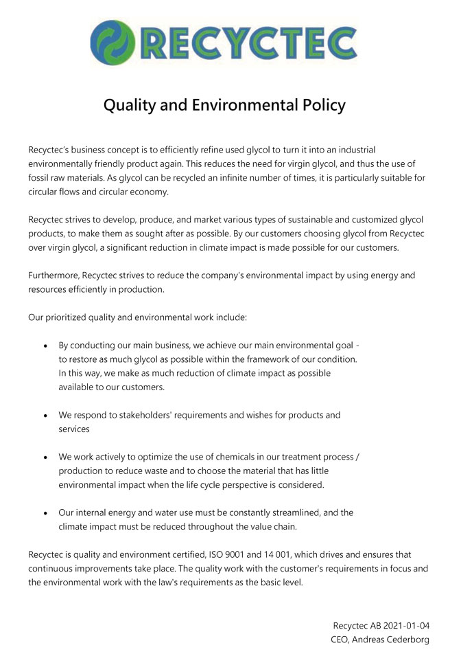 Recyctec 
Quality and environmental policy