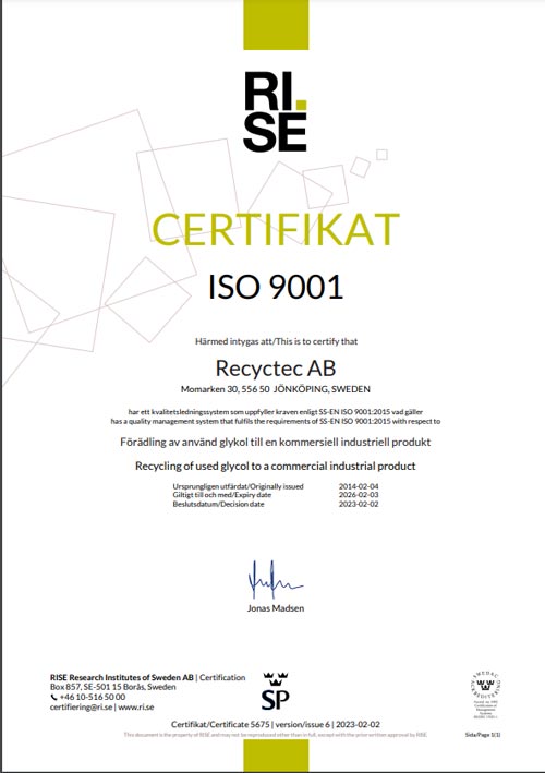 Recyctec ISO 9001 certifikat